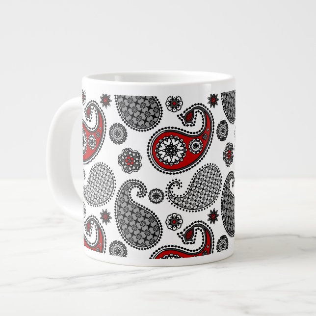 Paisley pattern, Black, White and Red Large Coffee Mug (Front Left)