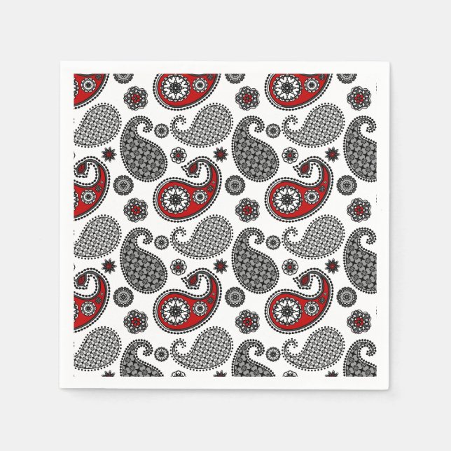 Paisley pattern, Black, White and Red Napkin (Front)