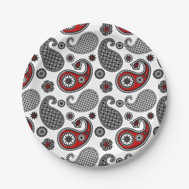 Paisley pattern, Black, White and Red Paper Plate (Front)