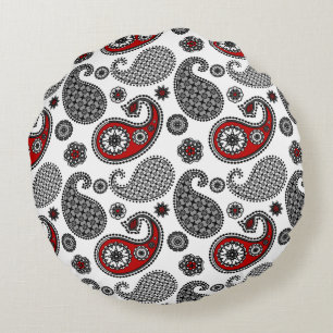 Paisley pattern, Black, White and Red Round Cushion