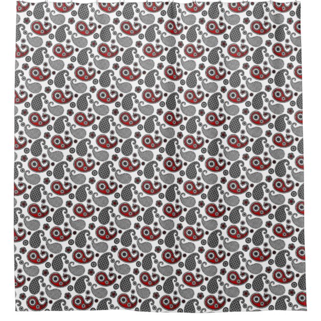 Paisley pattern, Black, White and Red Shower Curtain (Front)
