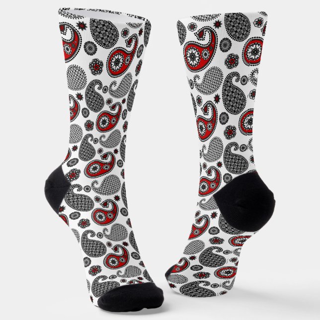 Paisley Pattern, Black, White and Red Socks (Angled)