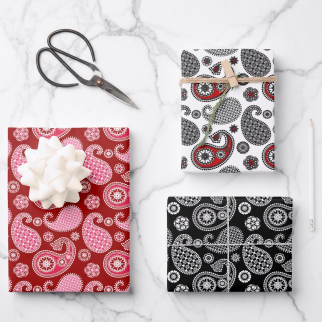 Paisley Pattern, Black, White and Red  Wrapping Paper Sheet (Front)