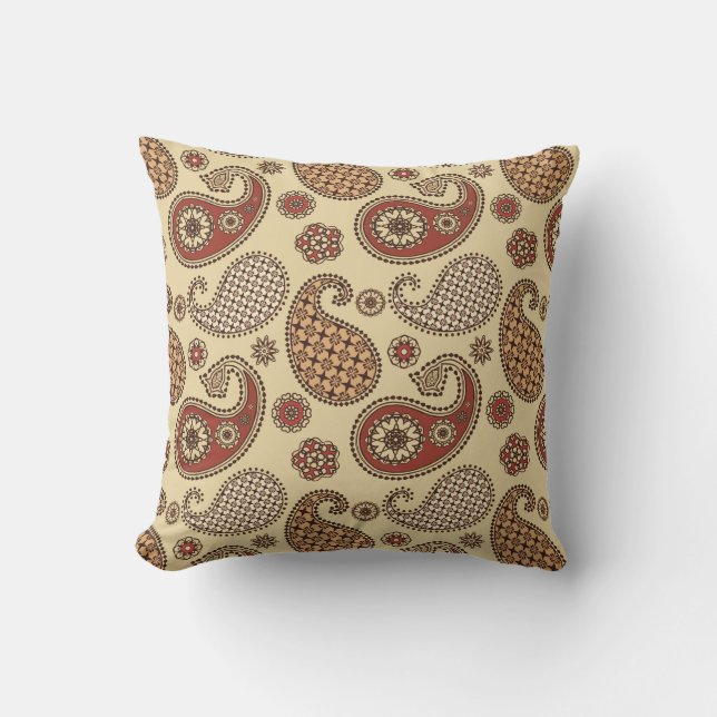 Paisley pattern, brown, tan and beige outdoor cushion (Front)