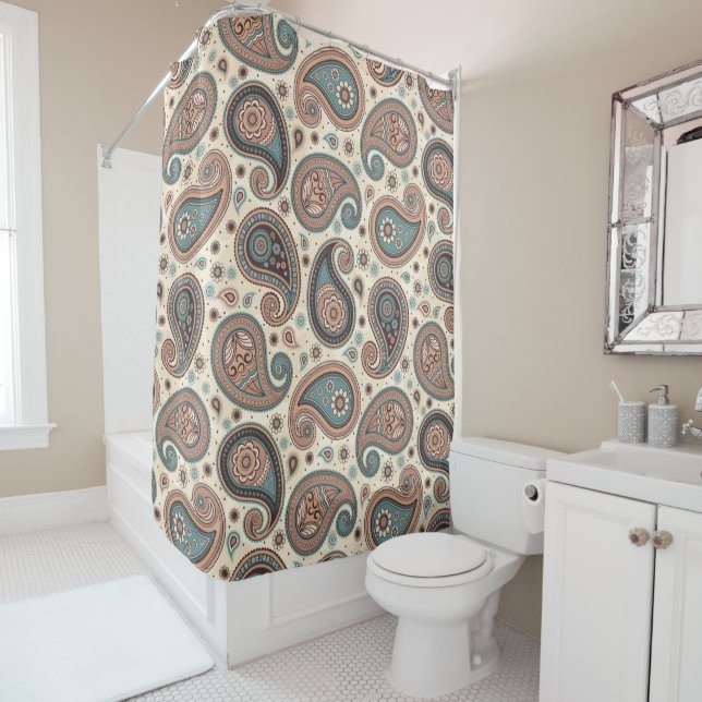 Paisley pattern brown teal beige elegant shower curtain (In Situ)