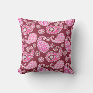 Paisley pattern, Burgundy, Pink and White Cushion