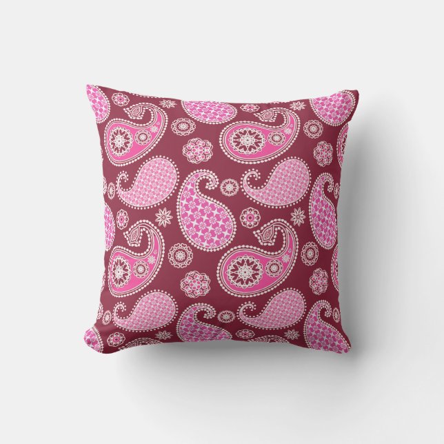 Paisley pattern, Burgundy, Pink and White Cushion (Front)