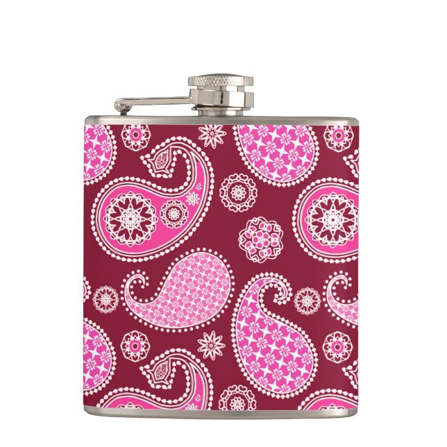Paisley pattern, Burgundy, Pink and White Hip Flask (Front)