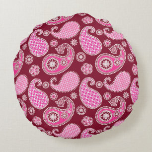Paisley pattern, Burgundy, Pink and White Round Cushion