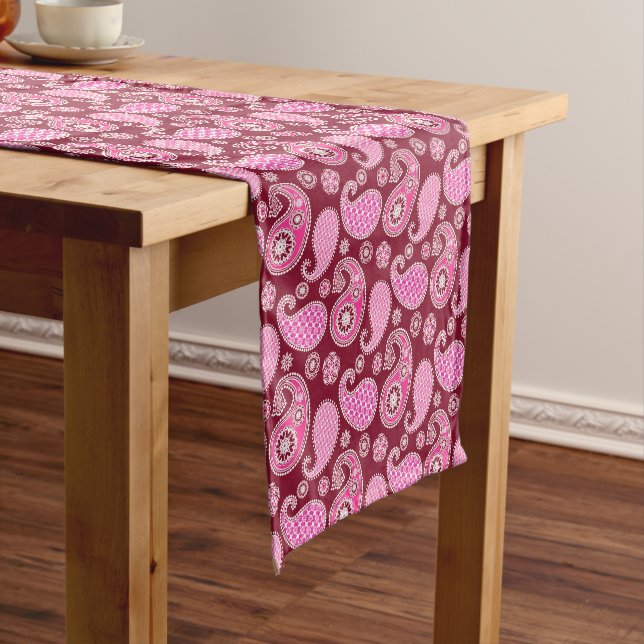 Paisley pattern, Burgundy, Pink and White Short Table Runner (In Situ)