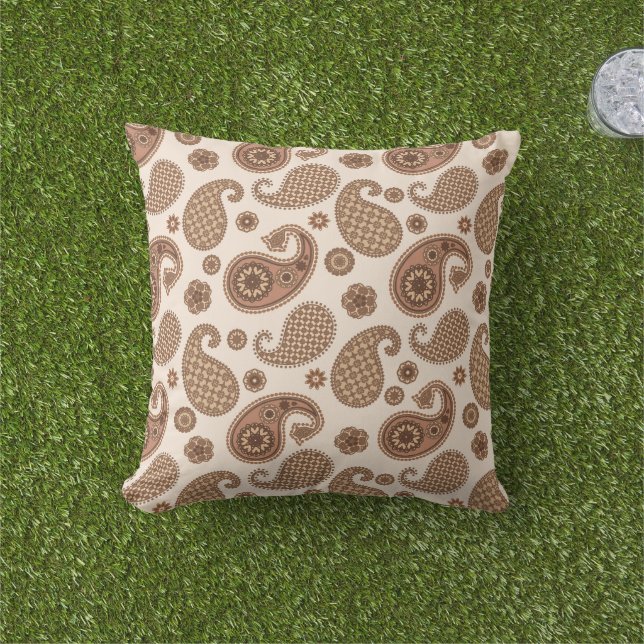 Paisley Pattern, Chocolate Brown and Tan on Beige Cushion (Grass)