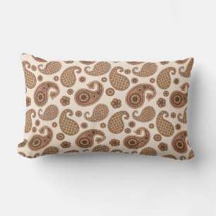 Paisley Pattern, Chocolate Brown and Tan on Beige Lumbar Cushion