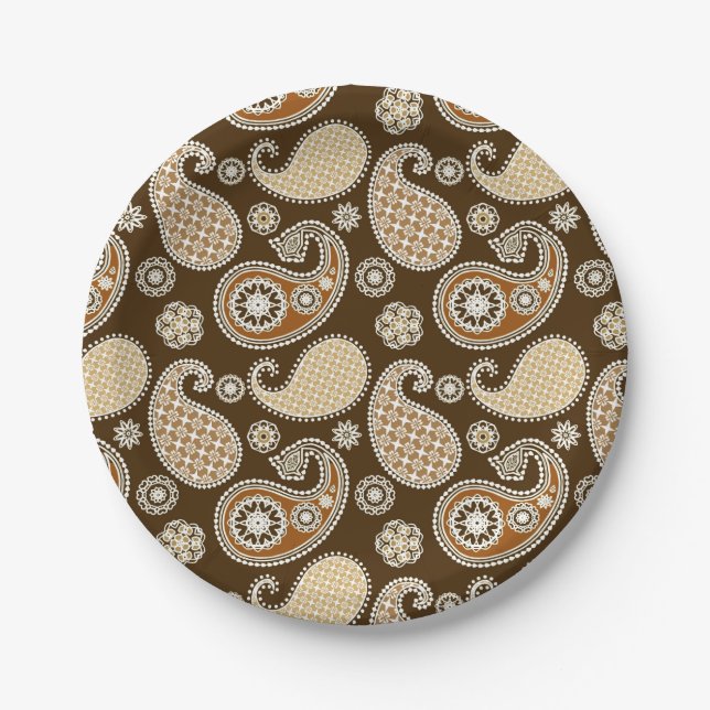 Paisley pattern, Chocolate Brown and Tan Paper Plate (Front)