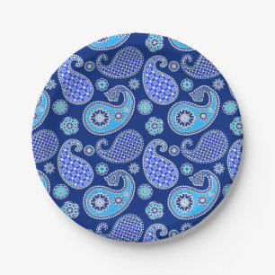 Paisley pattern, cobalt blue and white paper plate