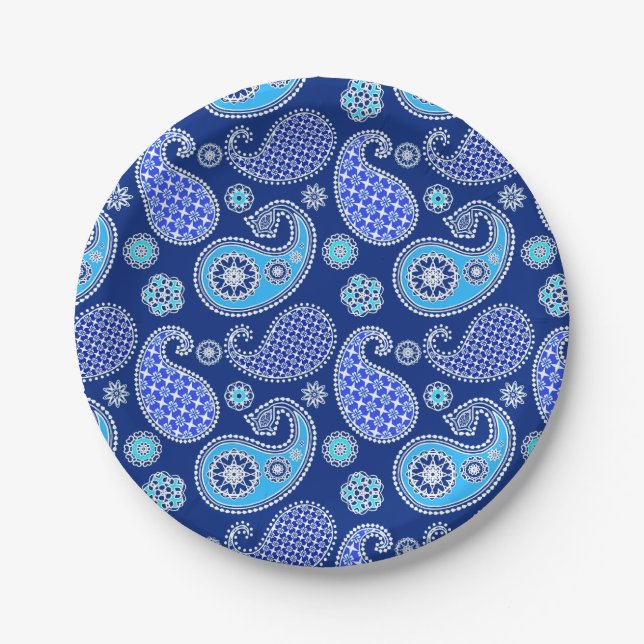 Paisley pattern, cobalt blue and white paper plate (Front)