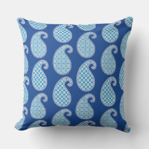 Paisley pattern, cobalt, sky blue and white outdoor cushion