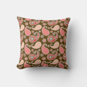 Paisley Pattern, Coral and Chocolate Brown  Cushion