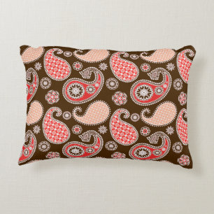 Paisley pattern, coral and chocolate brown decorative cushion