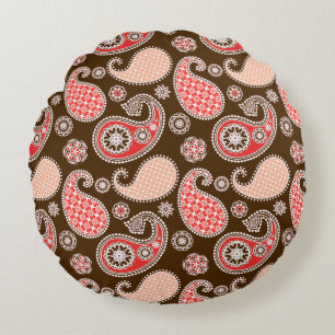 Paisley pattern, coral and chocolate brown round cushion