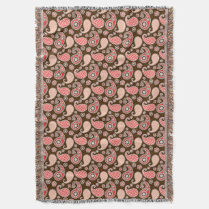 Paisley pattern, coral and chocolate brown throw blanket