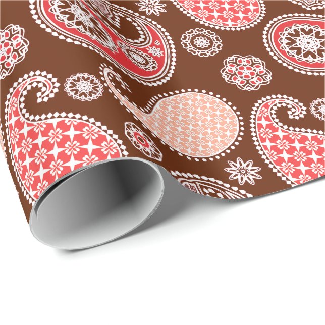 Paisley pattern, coral and chocolate brown wrapping paper (Roll Corner)