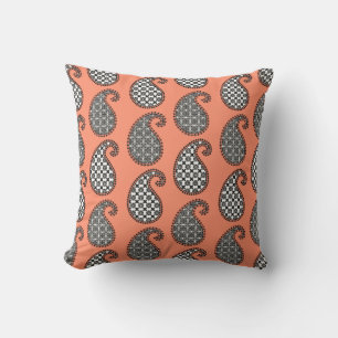 Paisley pattern, coral orange, black and white outdoor cushion