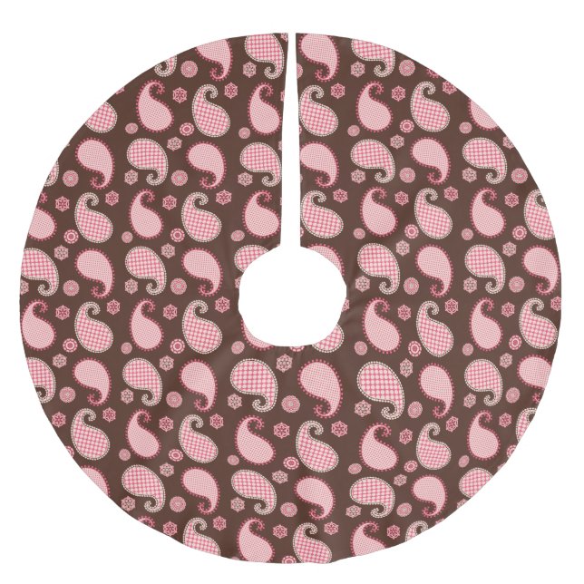 Paisley pattern, coral pink and chocolate brown brushed polyester tree skirt (Front)