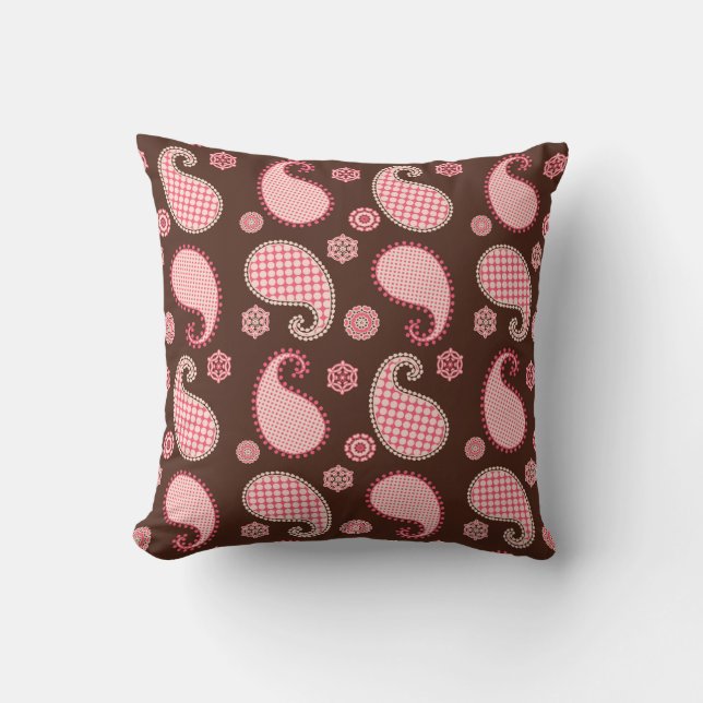 Paisley pattern, coral pink and chocolate brown cushion (Front)