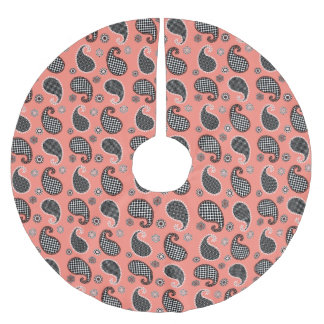 Paisley pattern, coral pink, black and white brushed polyester tree skirt