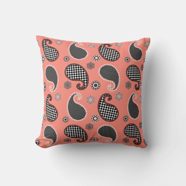 Paisley pattern, coral pink, black and white cushion (Front)