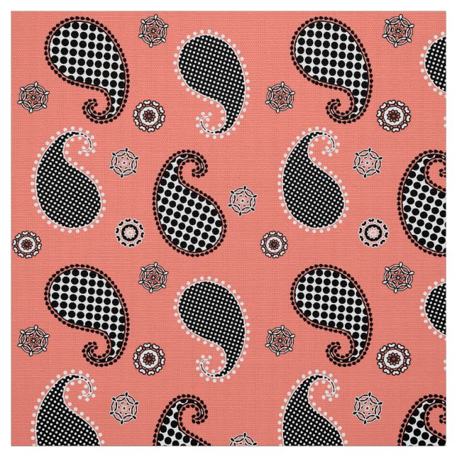 Paisley pattern, coral pink, black and white fabric (Swatch)