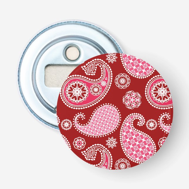 Paisley pattern, Dark Red, Pink and White Bottle Opener (Front)