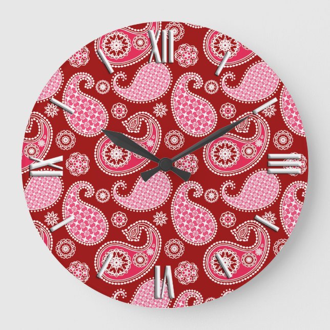 Paisley pattern, Dark Red, Pink and White Large Clock (Front)