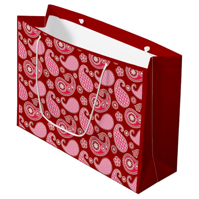 Paisley pattern, Dark Red, Pink and White Large Gift Bag (Front Angled)