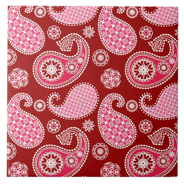 Paisley pattern, Dark Red, Pink and White Tile (Front)