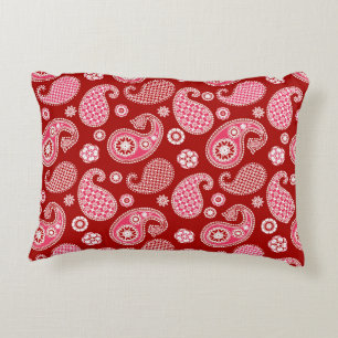 Paisley Pattern, Dark Red, White and Coral Pink Decorative Cushion