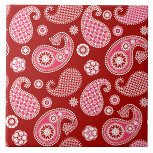 Paisley Pattern, Dark Red, White and Coral Pink Tile