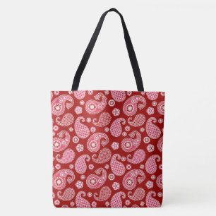 Paisley Pattern, Dark Red, White and Coral Pink Tote Bag