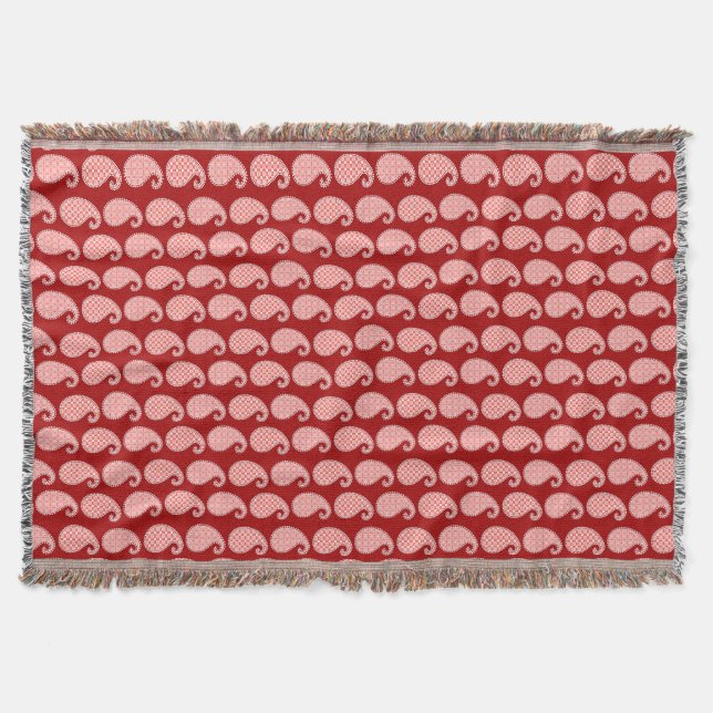 Paisley pattern, deep red and white throw blanket (Front)