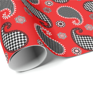 Paisley pattern, deep red, black and white wrapping paper