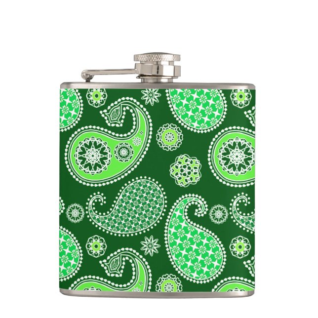 Paisley pattern, Emerald and Jade Green Hip Flask (Front)