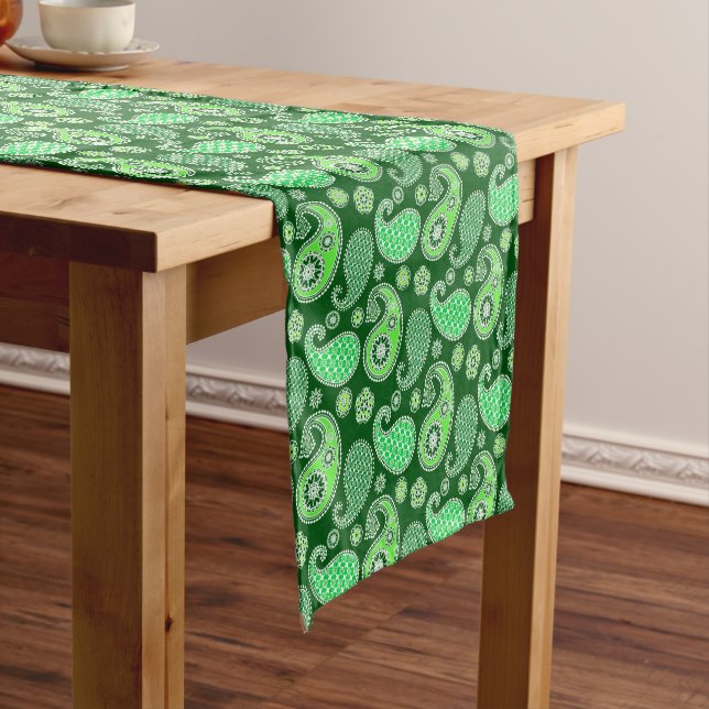 Paisley pattern, Emerald and Jade Green Short Table Runner (In Situ)