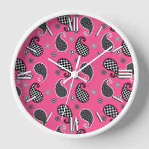 Paisley pattern, fuchsia pink, black and white clock