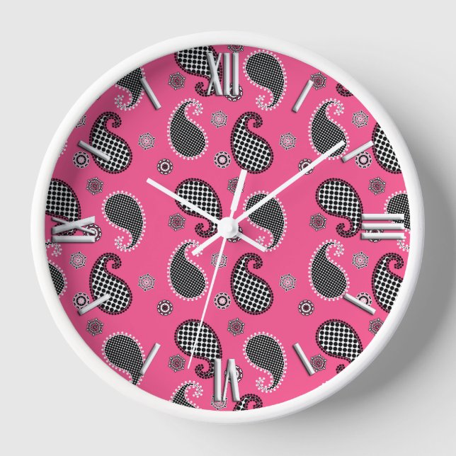 Paisley pattern, fuchsia pink, black and white clock (Front)
