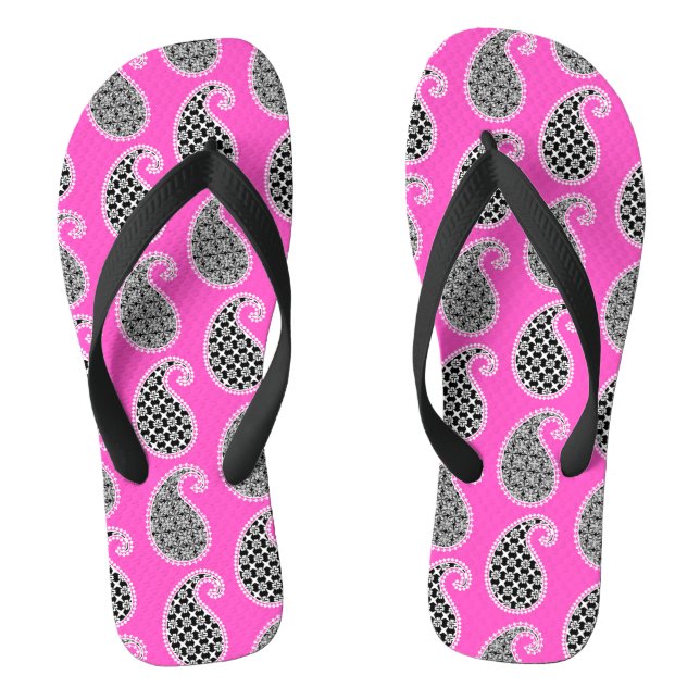 Paisley pattern, fuchsia pink, black and white jandals (Footbed)