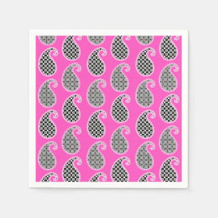 Paisley pattern, fuchsia pink, black and white napkin