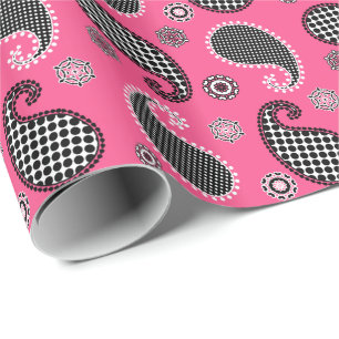 Paisley pattern, fuchsia pink, black and white wrapping paper