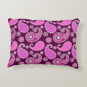 Paisley pattern, fuchsia pink, purple and white decorative cushion
