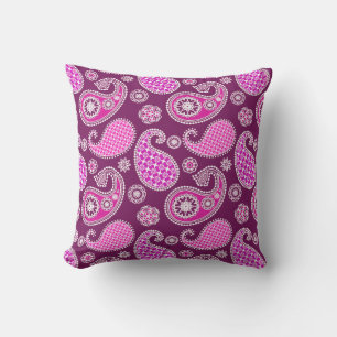 Paisley pattern, fuchsia pink, purple and white outdoor cushion