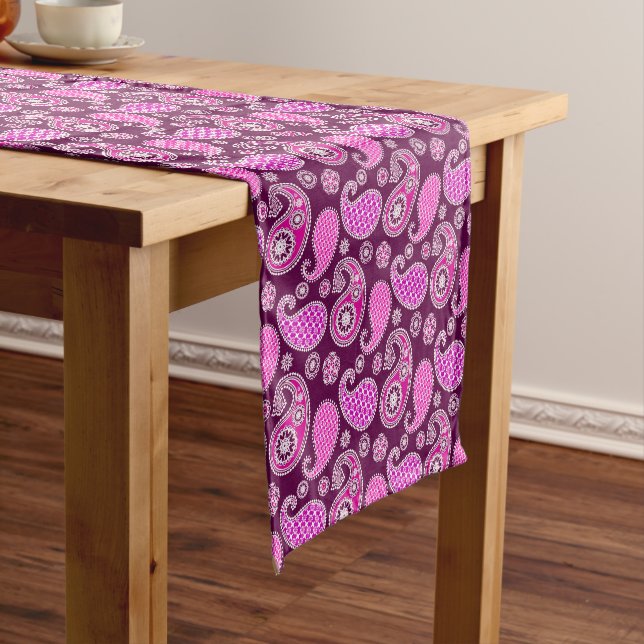 Paisley pattern, fuchsia pink, purple and white short table runner (In Situ)